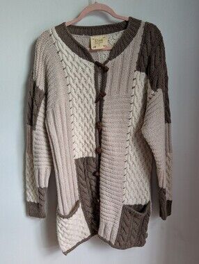 HANDMADE Cozy Neutrals Cream & Brown Patchwork Cable Knit Sweater Cardigan Large
